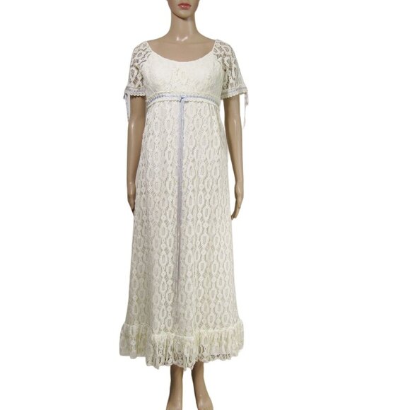 VTG BRIDGERTON Ivory Lace Cottagecore Empire Fairy Regency  Maxi Dress XS S - Picture 1 of 9